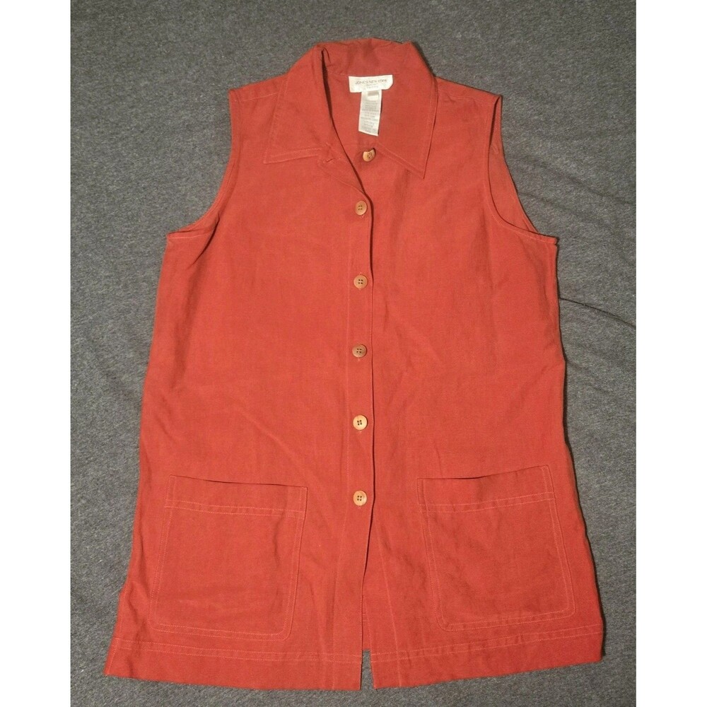 Jones New York 72% Silk VTG Orange Collared Sleeveless Button Front Blouse Sz Sm